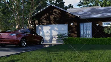 3d animation of house exterior with garage and landscape.