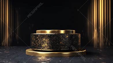 Studio room with Luxury round pedestal podium. Black and Gold concept display stand.