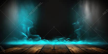 Empty dark scene with wooden old floor with smoke and fog for your product display.