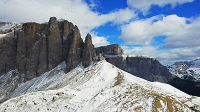 Sella Pass, Italy. Breathtaking snowy scenics Dolomite Alps, with mount Sella Towers, landscape of Sudtirol.