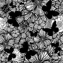 Monochrome seamless background with flowers and black butterflies. Nature black and white background. Vector
