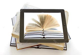 iPad 3 with books background on opened books