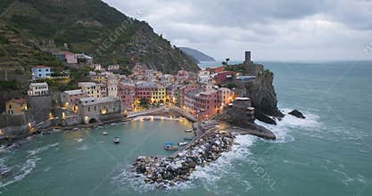 Aerial Hyperlapse of Vernazza Colorful Cliffside Town of Cinque Terre, Italy.