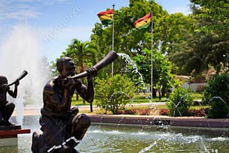 Fountain, hornblowers and flags