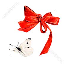 Satin ribbon bow in red and white flying butterfly. Hand-drawn watercolor illustration on white background. Ribbon gift