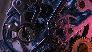 Macro mechanical vintage watch. Arrow, gears rapidly rotating. Time running fast