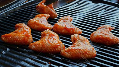 marinated chicken wings on the grill, lay out, close up