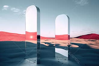 Red sunset in desert. Mirrors on a landscape.