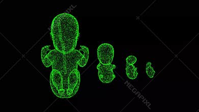 3D human Embryo rotates on black bg. The development of the human embryo. Object dissolved flickering particles