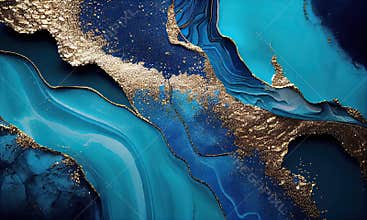 Abstract paint texture, Natural luxury, Blue paint with gold shiny powder, generative AI