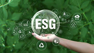 ESG icon concept. Environment, society and governance. Saving the planet in the hands of humans on green background.