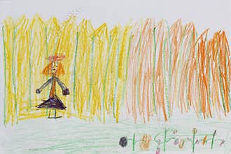 The girl is walking along the fence. Real drawing of a small child. Drawing by pencil.