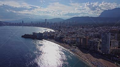 4K Drone Footage. Benidorm. Aerial View beach, building. Spain. Costa Blanca. 10 June 2023