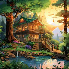 Vibrant illustration of mesmerizing treetop retreat with cascading canopies