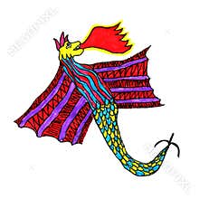 Hand drawn flying dragon in baby style drawing isolated on white.