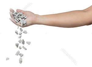 Rock gravel fall down from hand, gray stone pebbles rock explode abstract cloud fly. Construction rock stone splash in air, object