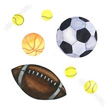 Watercolor balls. American football, soccer, tennis, buscketball ball. Hand drawn illustration isolated on white