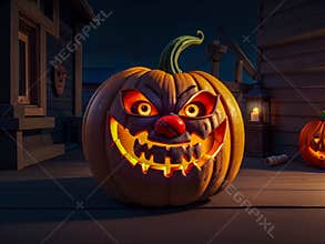 Scary Halloween pumpkin monster on a old house porch