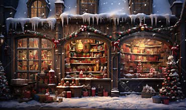 Vintage shop with Christmas gifts and decorations for Christmas tree.