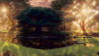 Sunny forest on pond. Generative AI