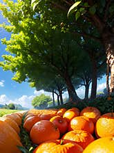 oranges hanging from the trees in the park, orange