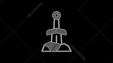 White line Sword in the stone icon isolated on black background. Excalibur the sword in the stone from the Arthurian