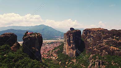stunning aerial view of the famous monasteries on the tops of stone pillars in Meteora, Greece