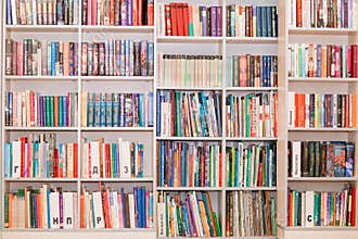 Library. Bookshelves. Bookcase with children\'s books.