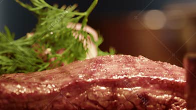 4K. Cooked meat close-up. Macro details