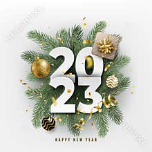 2023 Happy New Year. Festive 3d realistic decoration with big paper calendar numbers and christmas decor. Celebrate