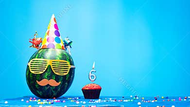 Creative happy birthday 6 greeting with muffin festive garlands decoration. Fan greeting card. Copy space. Beautiful birthday