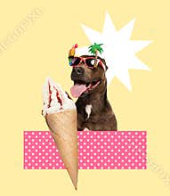 Contemporary art collage. Cheerful happy dog eating ice cream on beach. Summertime vacation and joy