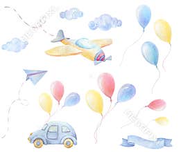 Baby shower boy watercolor clipart. Baby car with balloons. Airplane, balloons, clouds