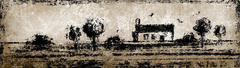 Farm house banner, ink illustration, hand drawn artwork