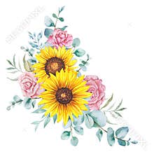 Watercolor sunflowers bouquet, hand painted sunflower bouquets, sunfower flower arrangement. Wedding invitation clipart elements.