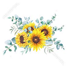 Watercolor sunflowers bouquet, hand painted sunflower bouquets, sunfower flower arrangement. Wedding invitation clipart elements.