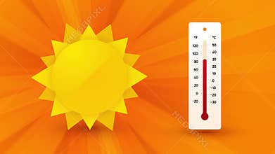 Sharp warming, rising temperature on the thermometer, sun with warm rays, hot summer background
