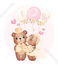 Watercolour cute two couple Wedding brown teddy bears, bride kisses groom, Marry teddy bears cartoon character hand drawing