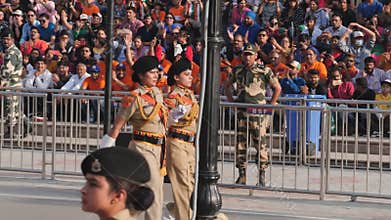 AMRITSAR, INDIA - MARCH 19, 2019: 180p slow motion clip of female soldiers at wagah border in india