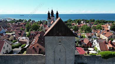 Flying over the town on the Swedish island Gotland, Visby located in Baltic Sea