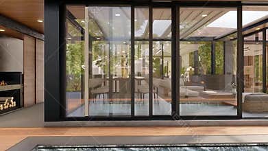 Luxurious resort exterior and interior design 3d visualization with swimming pool. Modern architectural design for resort