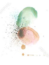Watercolor flow blot drops and doodle elements. Abstract texture color stain on white background