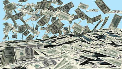 Money falling from the sky in a heap
