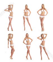 A collage of young women in white swimsuits