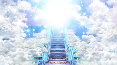 Stairway through clouds leading to heavenly light. Rendering 3D