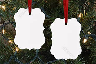 Double Sided Benelux Ornament Mockup Styled on Lit-Up Christmas Tree - Vertical Benelux Ornament