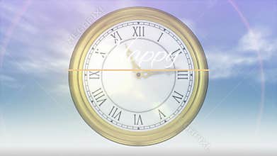 Animation of antique clock counting down and time-lapse of day and night and happy new year text