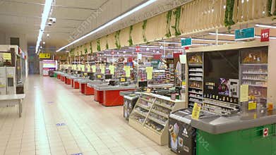 Supermarket cash register before opening. Supermarket. Hypermarket. Superstore.