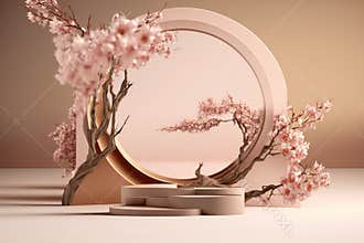 Cherry blossoms and round podium on a brown background. Cherry blossoms in spring.