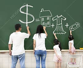 Family drawing money house clothes and video game
